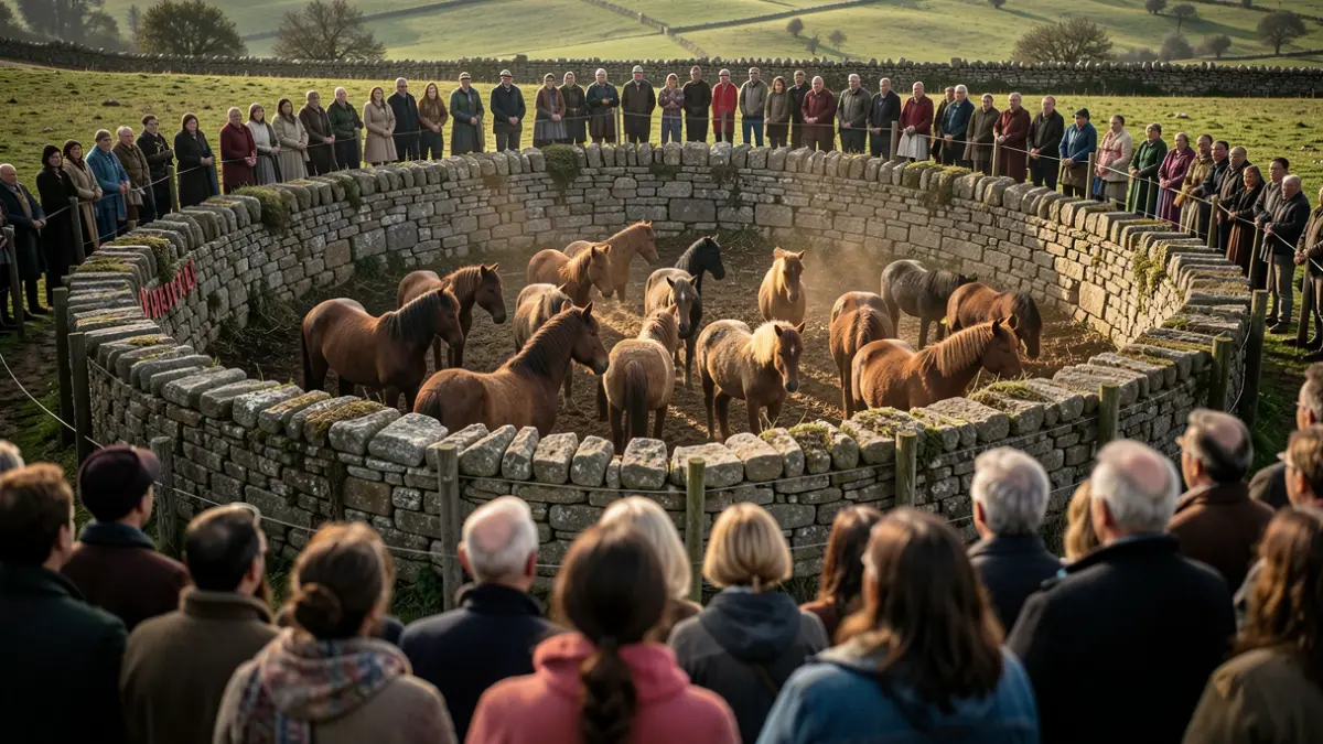 Imagen de un curro de piedra con caballos salvajes durante la Rapa das Bestas en Vimianzo.