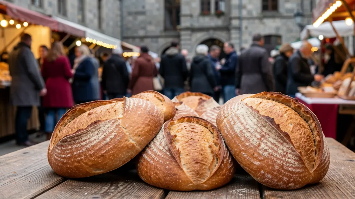 Pan artesanal gallego con corteza dorada sobre mesa de madera rústica, con fondo difuminado de un mercado festivo.