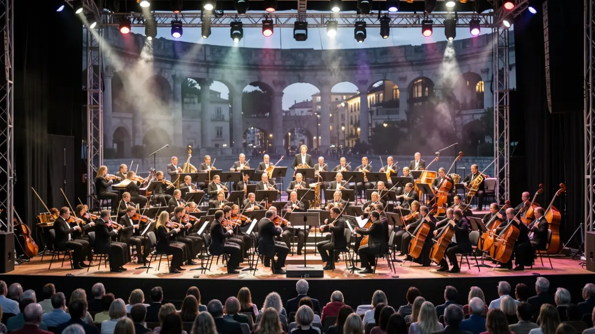 Imaxe xenérica dunha orquestra sinfónica actuando nun gran escenario.