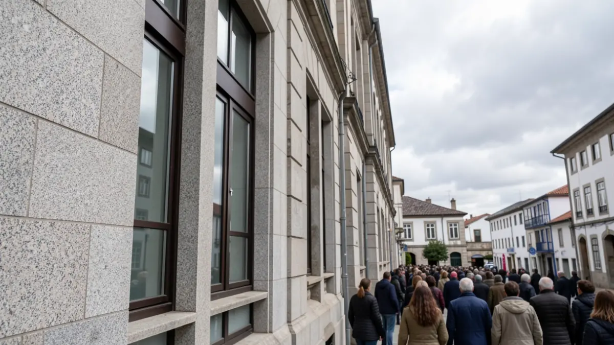 Imaxe xenérica dun edificio gobernamental de granito galego baixo un ceo nubrado.