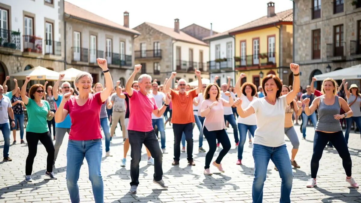 Imagen de una clase de zumba al aire libre en una plaza de Galicia.