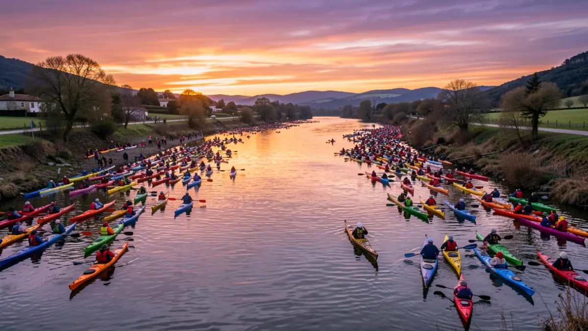 Imagen genérica de cientos de piraguas lanzándose al agua desde las márgenes del río Miño al atardecer.