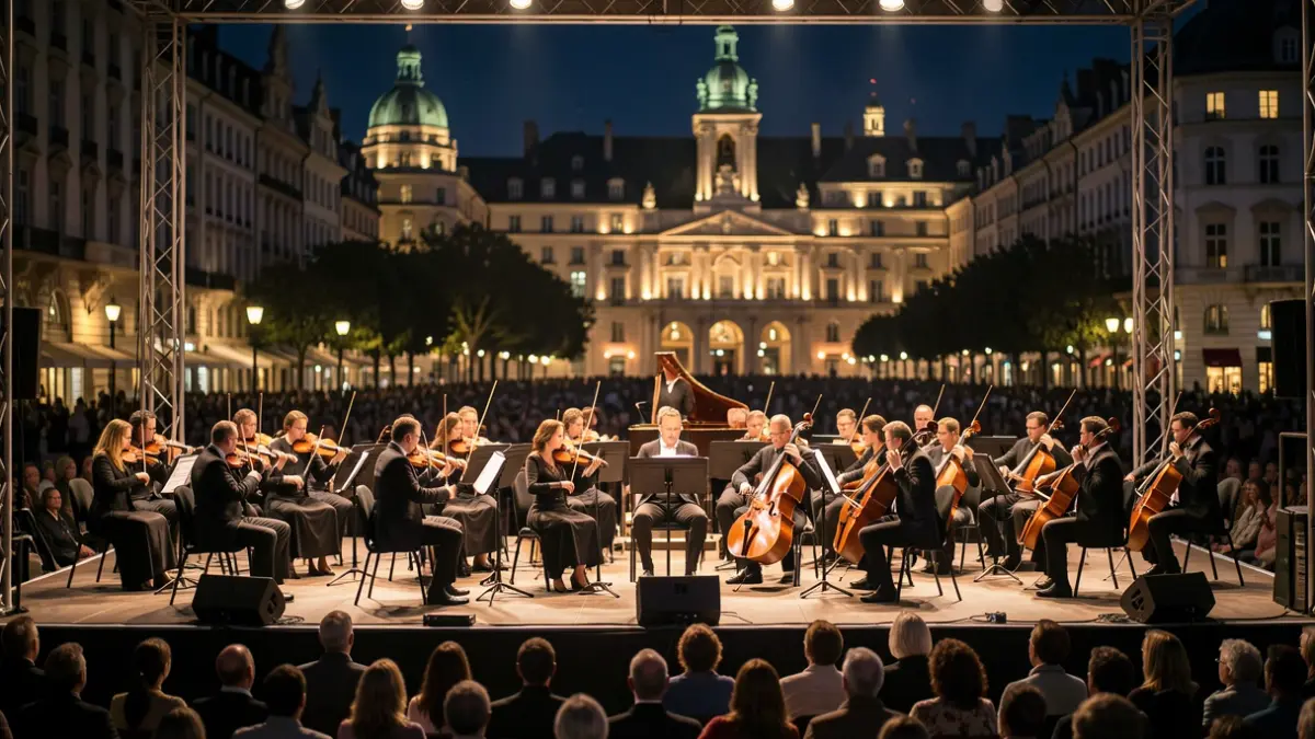Imagen de una orquesta sinfónica actuando en un escenario exterior por la noche, con iluminación dramática y una ciudad difuminada al fondo.
