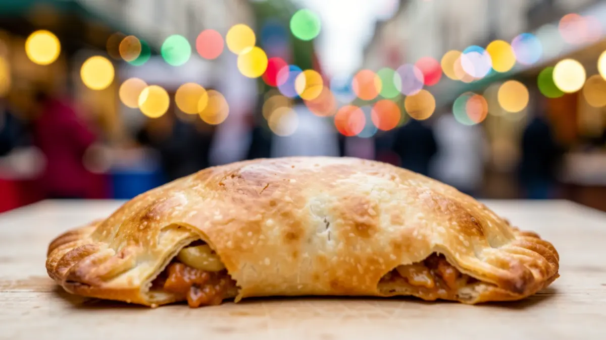 Primera foto de una empanada gallega con detalles de su masa y relleno, en un ambiente festivo.