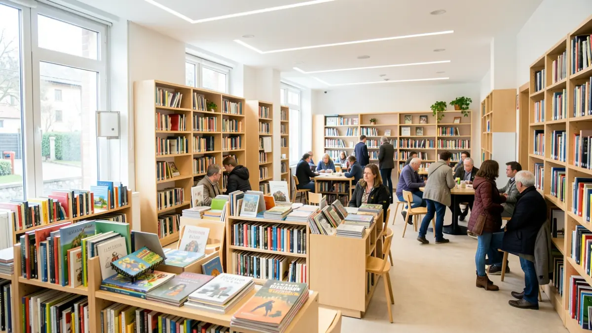 Imaxe xenérica dunha biblioteca moderna en Galicia con andeis de libros e espazo para reunións.