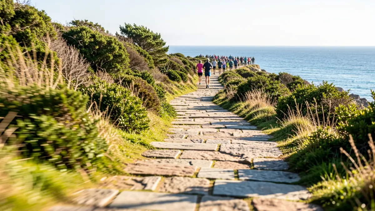 Imaxe xenérica dunha ruta costeira en Baiona con camiños de pedra, vexetación atlántica e o mar de fondo.