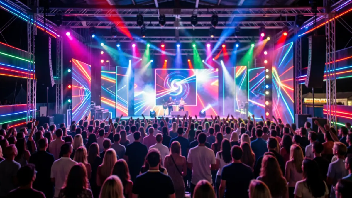 Imaxe xenérica dun concerto de pop electrónico con luces e público difuminado.