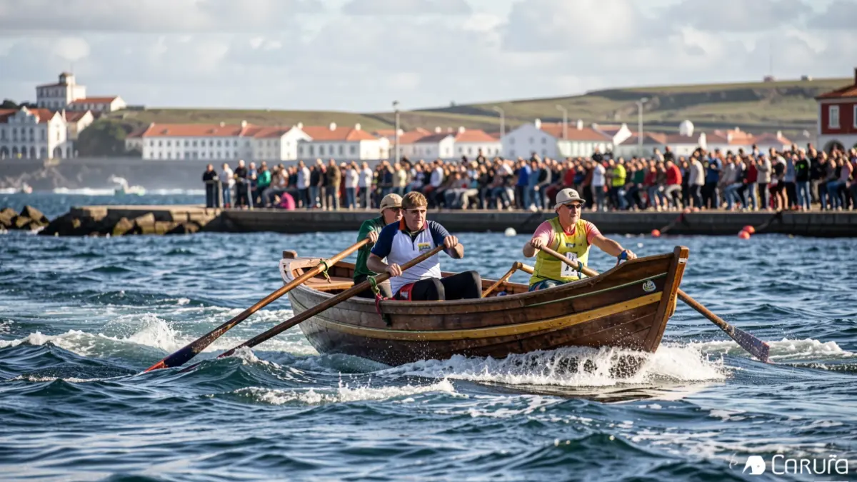 Imaxe dunha regata de traiñeiras na enseada do Orzán, A Coruña, cun ambiente festivo e deportivo.