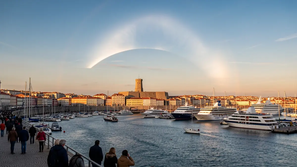 Vista panorámica de la costa de A Coruña con la Torre de Hércules y el puerto lleno de cruceros durante un eclipse solar.