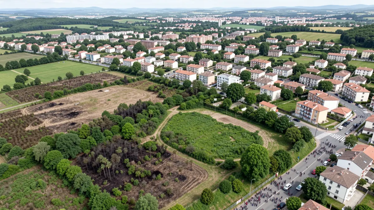 Vista aérea de zonas verdes urbanas e edificios residenciais dispersos en Galicia, con áreas de vexetación limpa e outras con maleza densa.