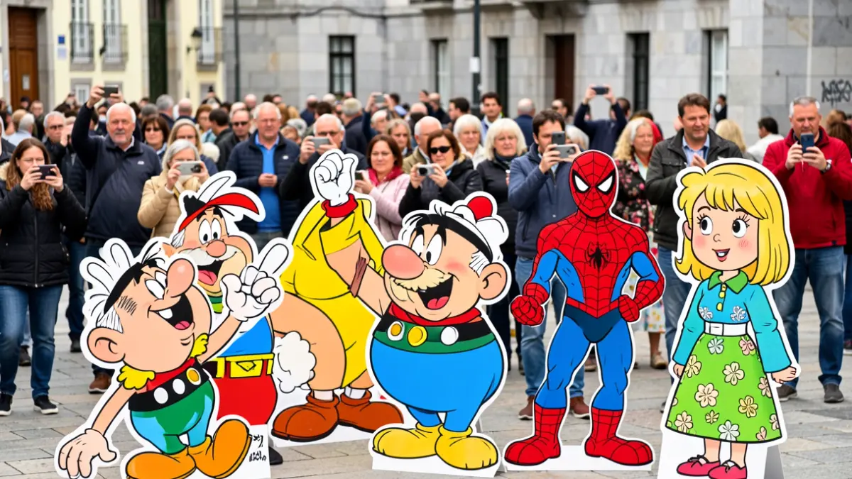 Imagen de un festival de cómic vibrante en A Coruña, con figuras de personajes conocidos y visitantes.