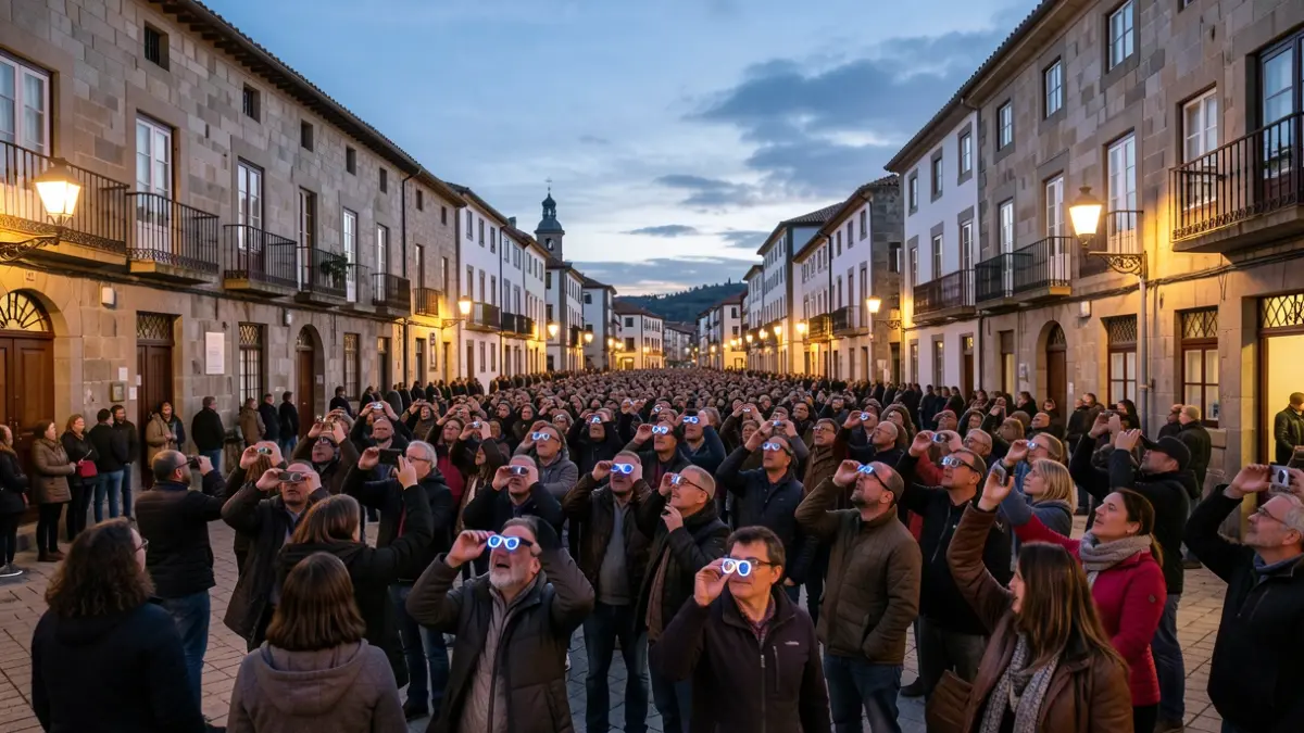 Imagen genérica de una plaza gallega con gente observando el cielo durante un evento astronómico.