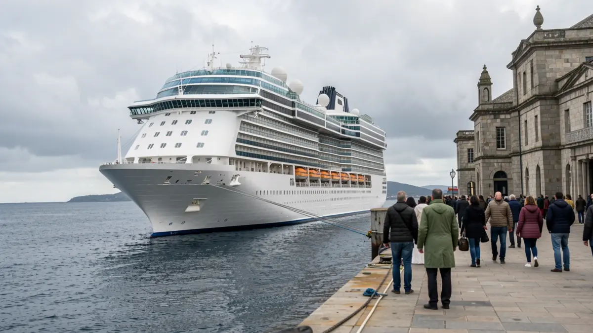 Imaxe xenérica dun cruceiro atracado nun porto galego con arquitectura de granito e ceo nubrado.