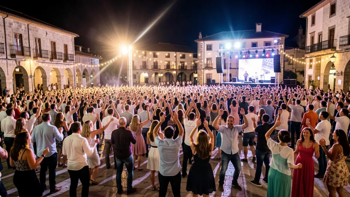 Multitud genérica bailando en una plaza al aire libre por la noche, con luces de escenario y ambiente festivo.