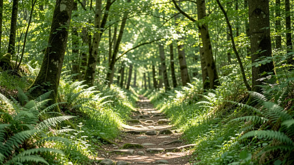 Imagen genérica de sendero en un bosque frondoso de Galicia con luz solar filtrándose entre los árboles.