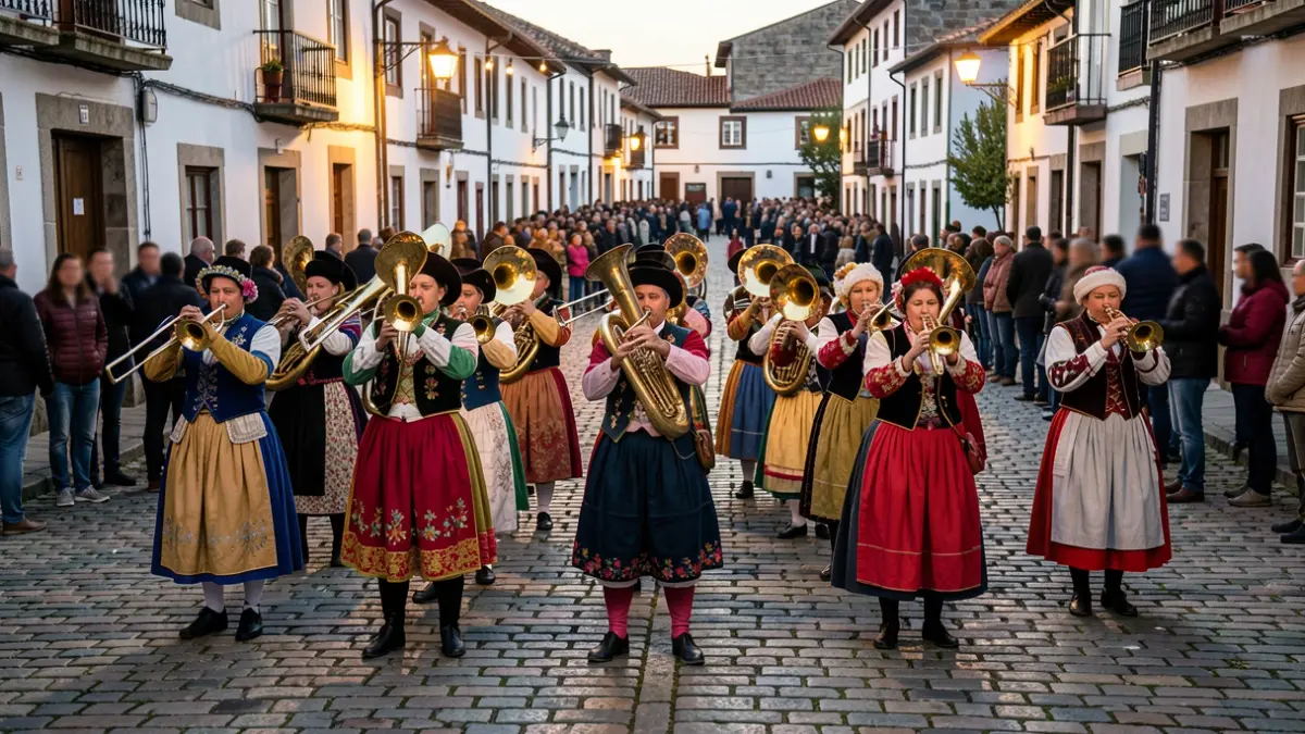 Imaxe dunha fanfarra tocando nunha rúa de Tui durante a Festa do Miño.