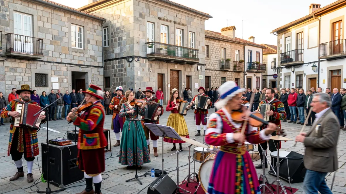 Imagen de una actuación callejera de la Familia Bocaprier en Rodeiro, con instrumentos musicales y trajes coloridos.