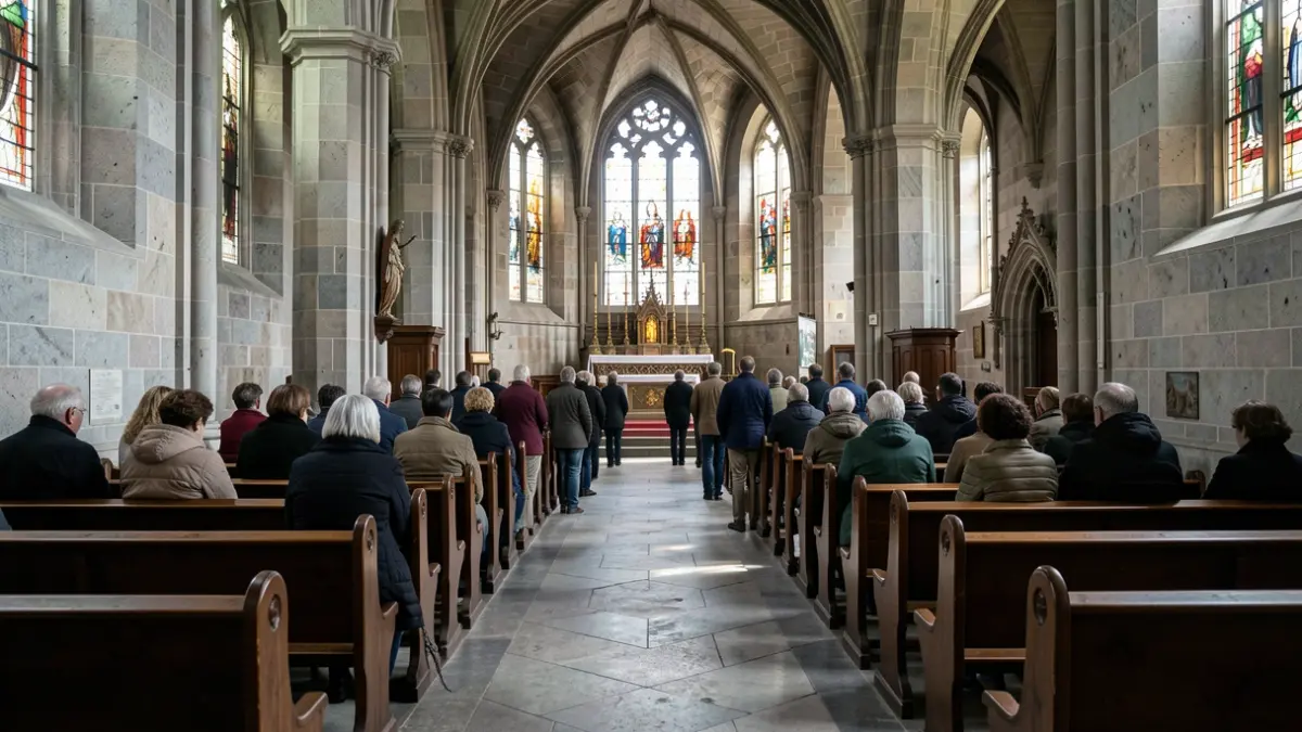 Imagen genérica de una iglesia gallega con bancos vacíos y altar.