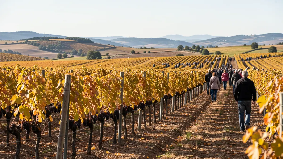 Imaxe xenérica de viñedos en Monterrei durante a colleita de verán.