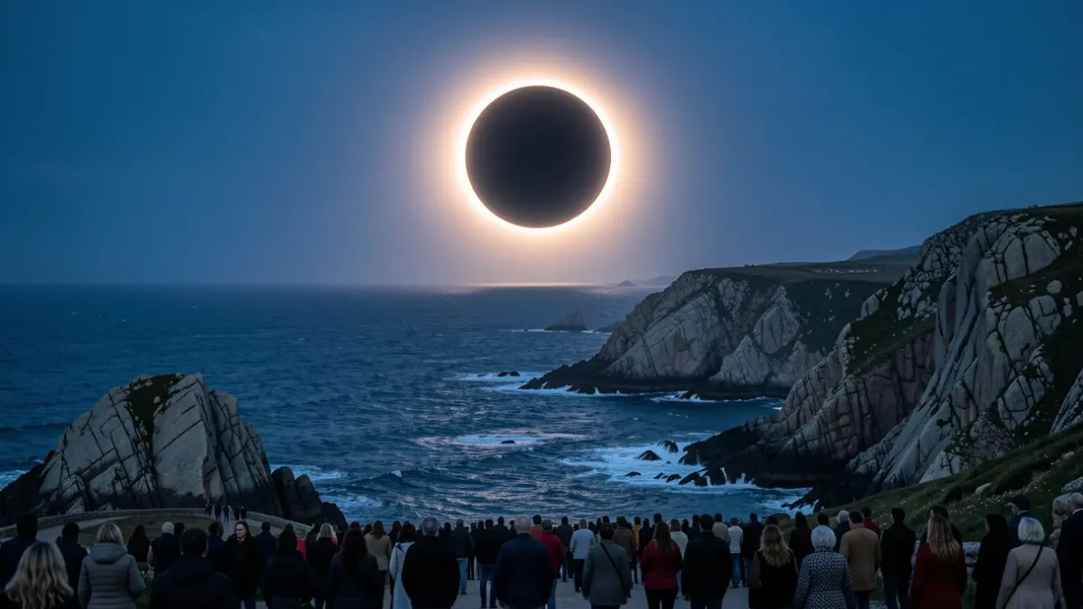 Imagen de un eclipse total de sol sobre la costa gallega, con acantilados de granito y el océano Atlántico.