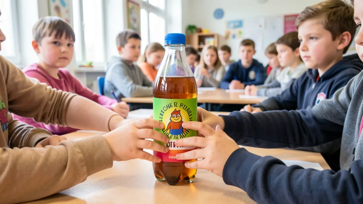 Manos de niños creando una botella de refresco casera con un logo y lema.