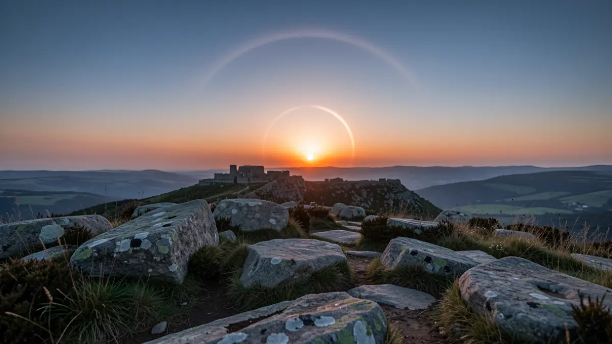 Vista panorámica del mirador del Alto do Castro en A Estrada durante el atardecer, con el cielo preparándose para el eclipse solar.
