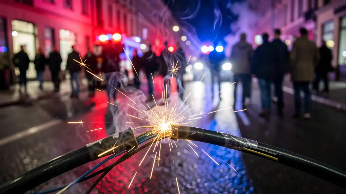 Imagen genérica de daños en un cable de fibra óptica con luces de emergencia.
