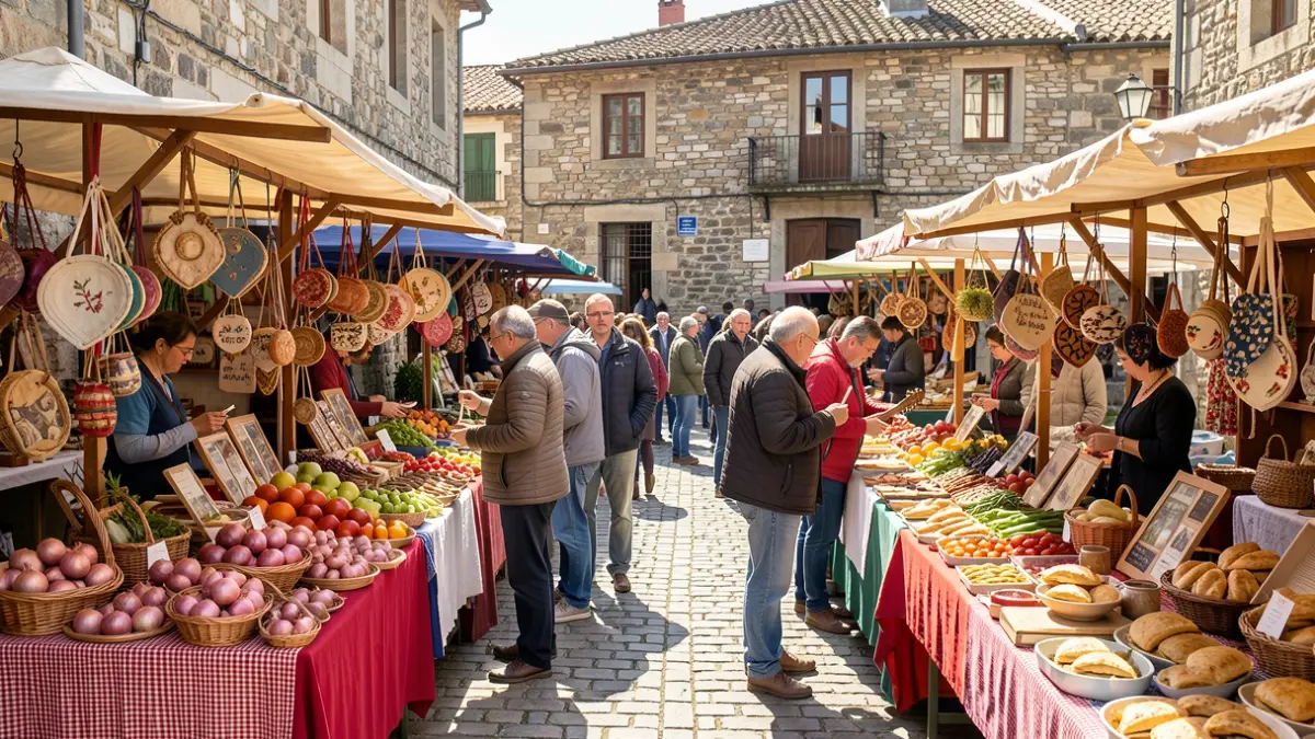 Imaxe dun mercado tradicional galego con postos de artesanía e produtos locais.