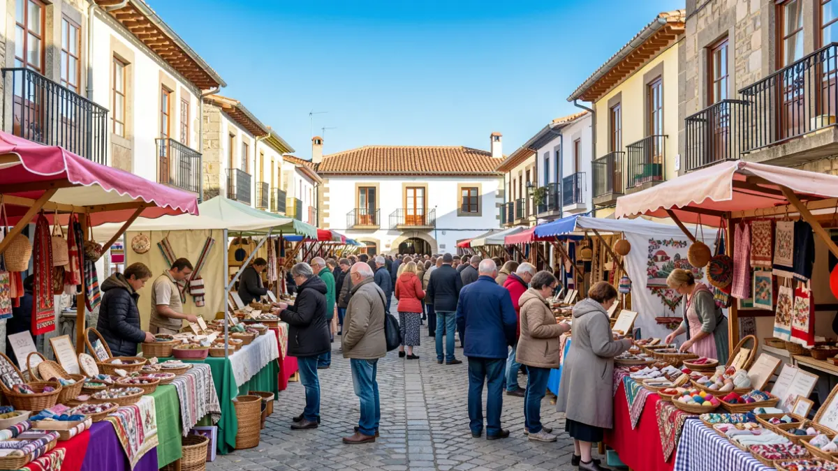 Imagen genérica de una feria de artesanía en Galicia con puestos coloridos y gente.