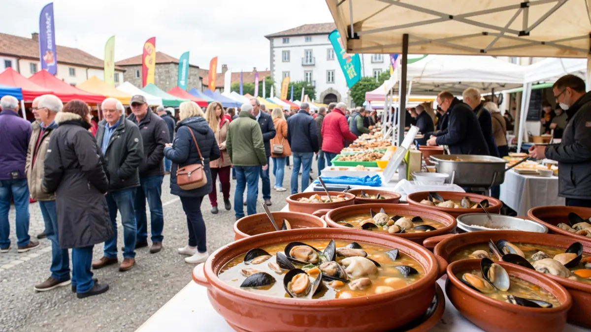 Imaxe dunha festa gastronómica en Galicia con xente en cola para degustar marmitako.