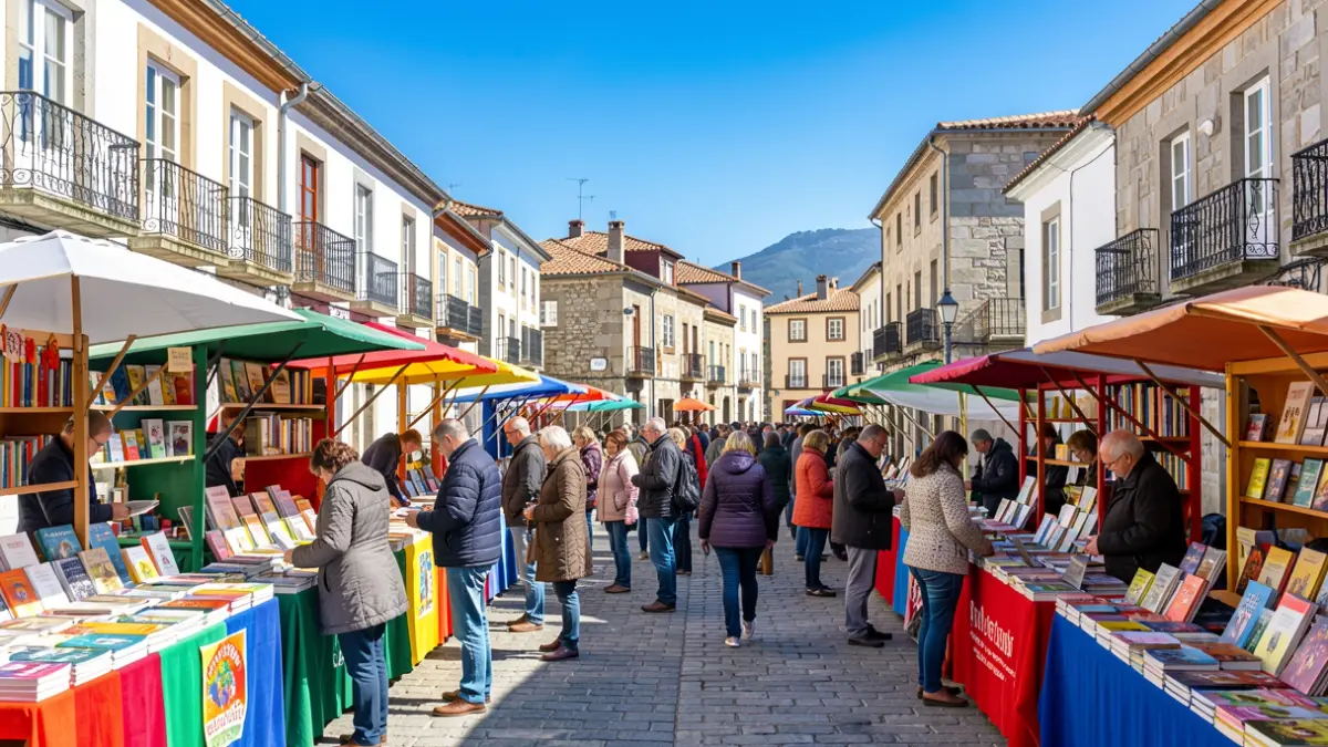 Imaxe xenérica dunha feira do libro en Galicia con postos coloridos e xente a desfrutar da cultura.