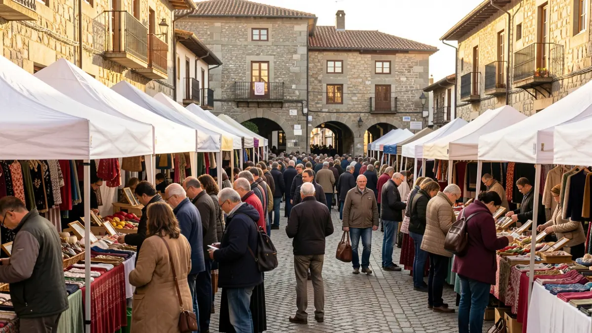 Imagen genérica de una feria en la Plaza Mayor de O Carballiño con mucha gente y puestos.