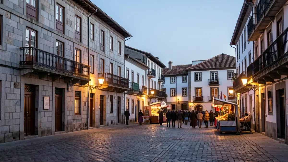 Imagen genérica de una plaza de villa gallega al anochecer con edificios de granito y luz cálida.