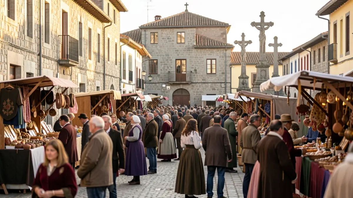 Imaxe xenérica dunha feira medieval en Pontevedra con postos de artesanía e alimentación.