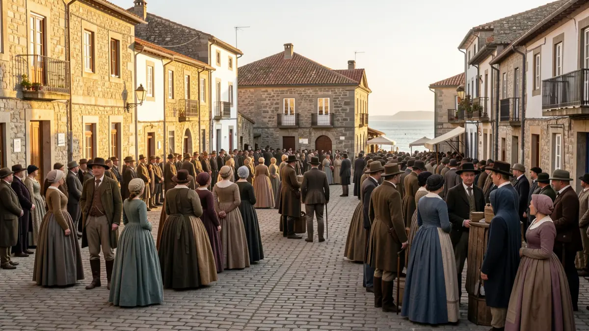 Imaxe xenérica dunha praza de vila galega con xente vestida de época.