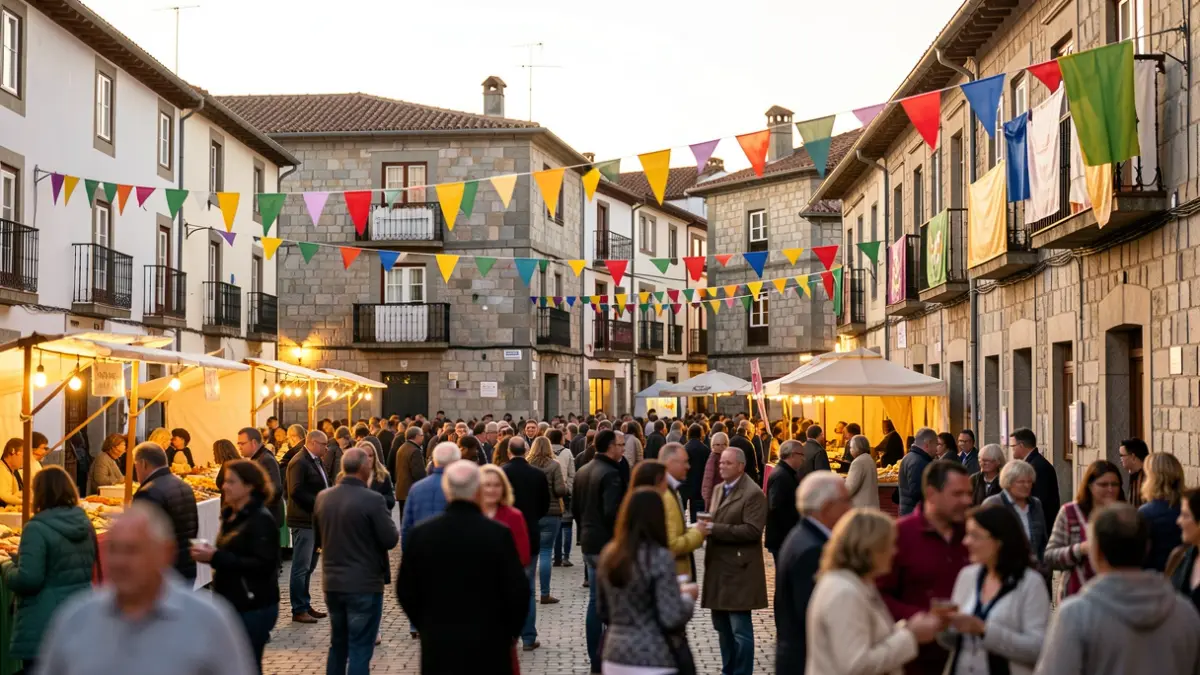 Imaxe xenérica dunha festa popular na praza dun pobo galego con xente e arquitectura tradicional.