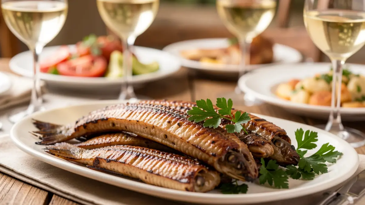 Primer plano de anguilas a la plancha en una bandeja, con otros platos y copas de vino blanco al fondo.