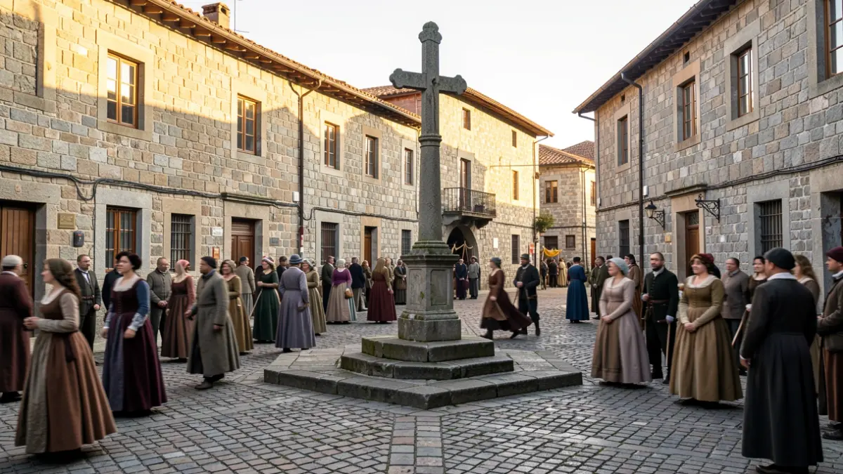 Imaxe dunha vila medieval galega durante unha festa de interese turístico.