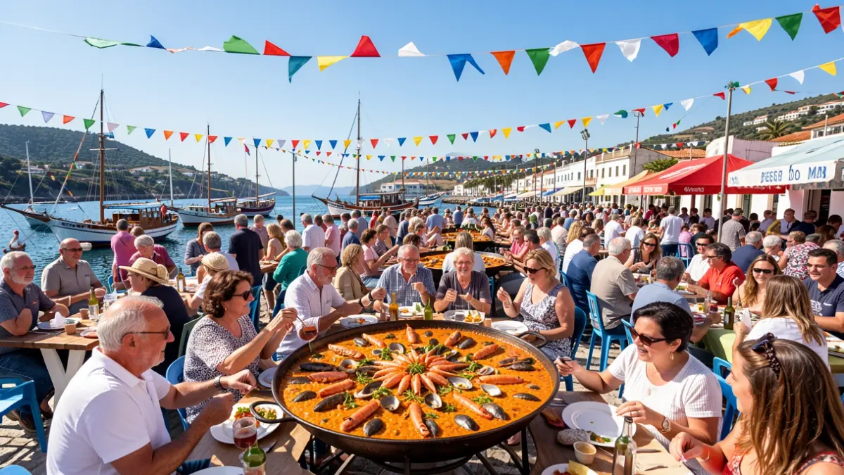 Imaxe dunha festa popular na Festa do Mar de Combarro, con xente gozando da paella mariñeira e barcos tradicionais no porto.