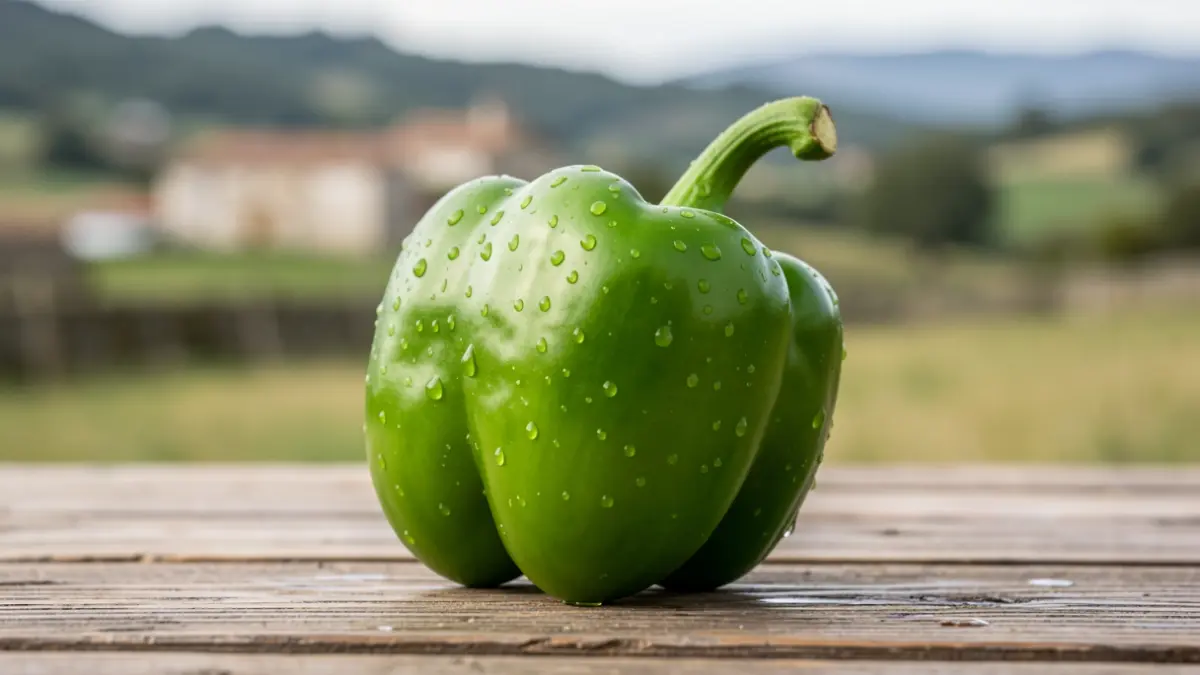 Primer plano de un pimiento verde vibrante con gotas de agua, sobre una superficie de madera rústica, con un fondo difuminado de un paisaje rural gallego. Iluminación suave y natural.