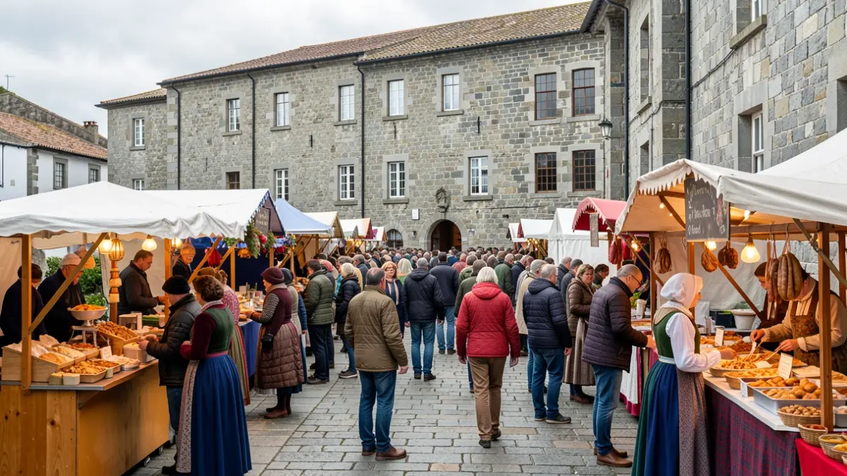 Imaxe xenérica dunha festa popular galega con postos de comida e ambiente festivo.