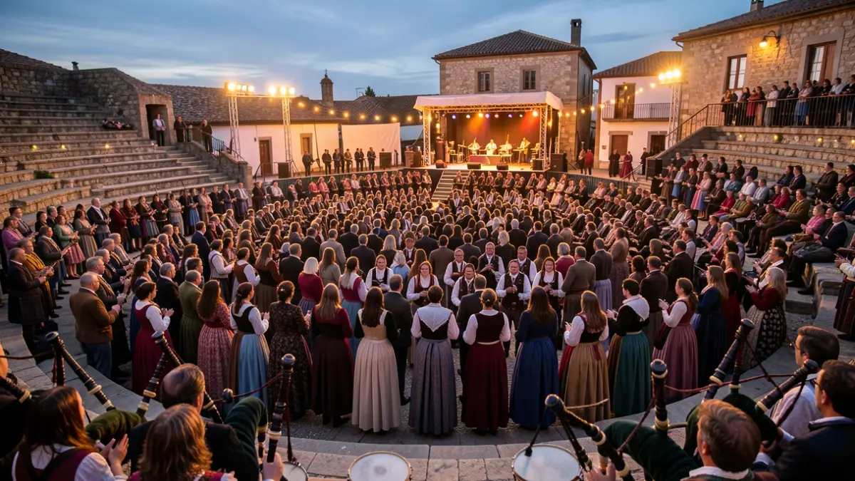 Imaxe dunha festa popular galega con multitude e instrumentos tradicionais ao anoitecer.