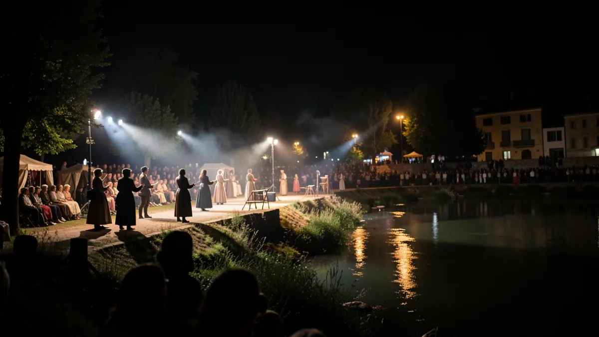 Imaxe dunha representación nocturna na ribeira do río Sarria, con luces de escenario e siluetas de artistas.