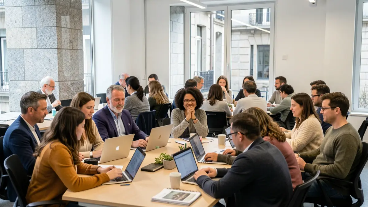 Imagen genérica de personas diversas trabajando juntas en una oficina moderna en Galicia, con arquitectura de granito visible.
