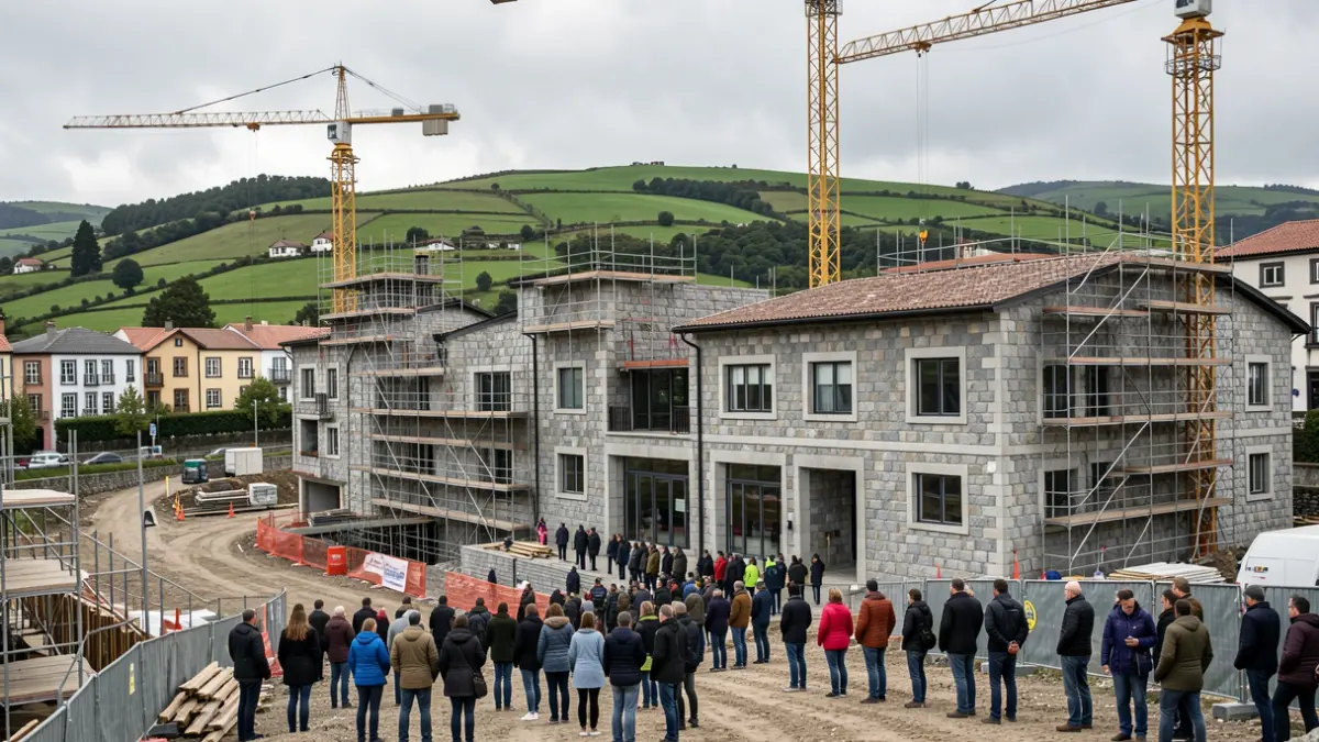 Imaxe xenérica de obras de construción en Galicia con edificios de granito e outeiros verdes.