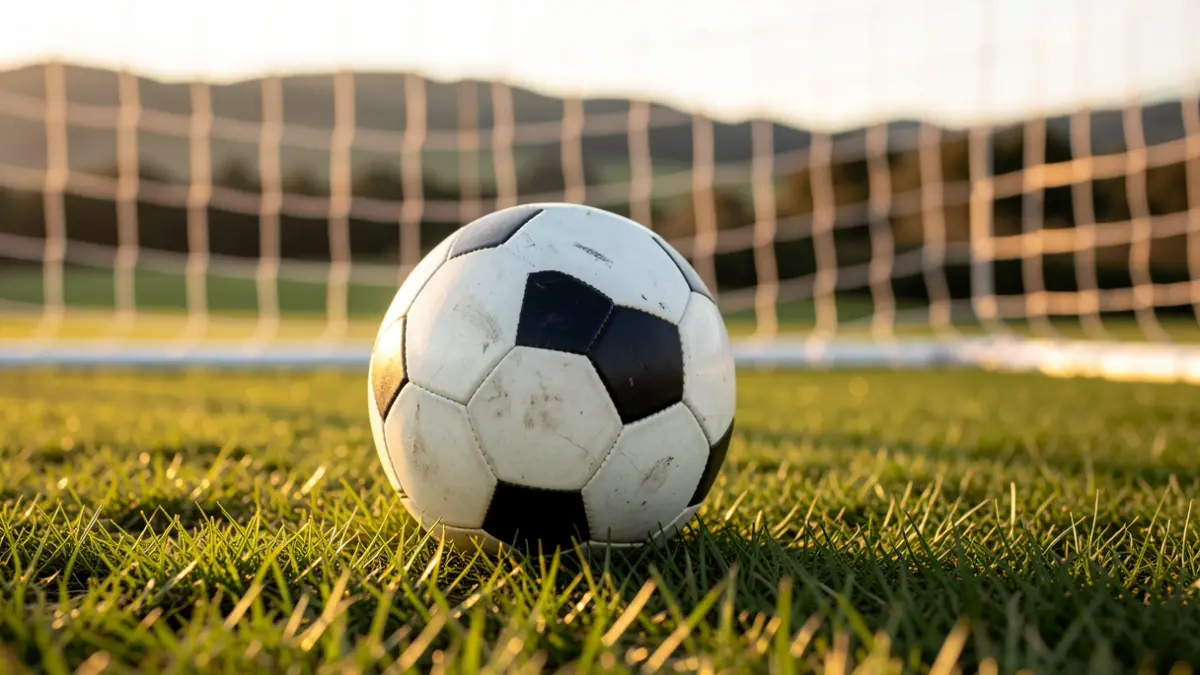 Imaxe xenérica dun balón de fútbol sobre herba cunha rede borrosa ao fondo.
