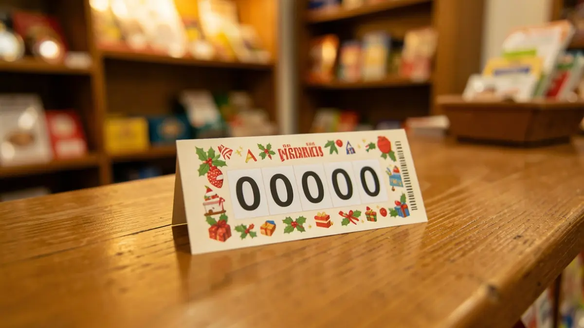 Primer plano de un décimo de la Lotería de Navidad con el número 00000 visible, en un establecimiento de Galicia.