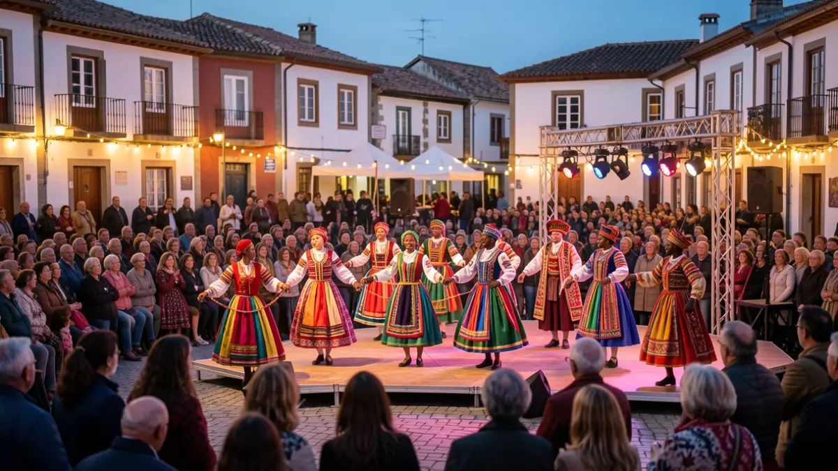 Imagen genérica de un festival de folclore internacional con cientos de espectadores y bailarines en trajes coloridos actuando en una plaza.