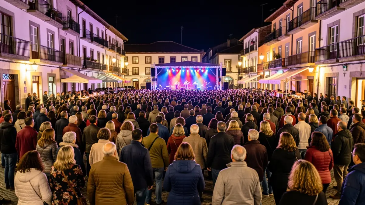 Imaxe xenérica dunha praza galega concorrida pola noite, con xente observando un escenario con luces e música.
