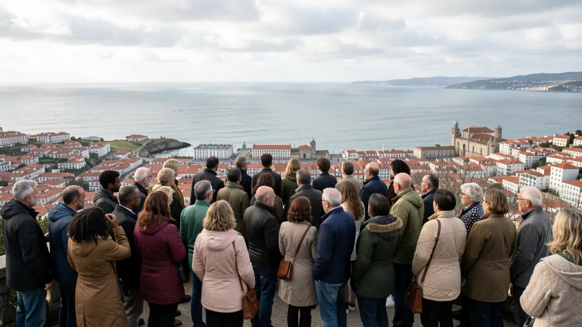 Imagen genérica de personas de diversos orígenes étnicos observando la ciudad de Vigo y el océano Atlántico.